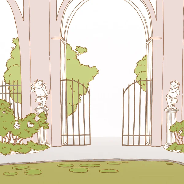 手绘老式风格入口与大门和丘比特雕像 卡通维多利亚式的篱笆 有树木和灌木丛 生动的例证 — 图库照片#