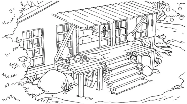 해변을 테라스와 해변이 펼쳐져 손으로 그렸습니다 Coloring Book Page — 스톡 벡터