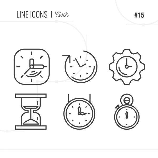 Darstellung von Zeit und Uhren im Vektor-Icon-Stil. Zeilensymbole gesetzt. — Stockvektor