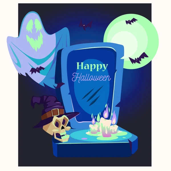 Fantasma y cráneo en cementerio. Card\poster de Halloween. Vector illu — Vector de stock