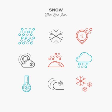 kar, kar tanesi, frost ve daha fazla, ince çizgi renk simgeler kümesi, vect