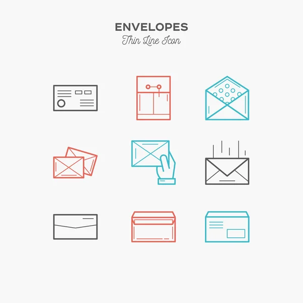 Envelopes, pacote e muito mais, conjunto de ícones de cores de linha fina, vetor i —  Vetores de Stock