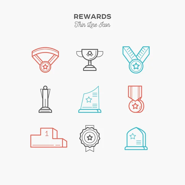 Premios, medallas, figuritas y más, conjunto de iconos de color de línea delgada, v — Vector de stock