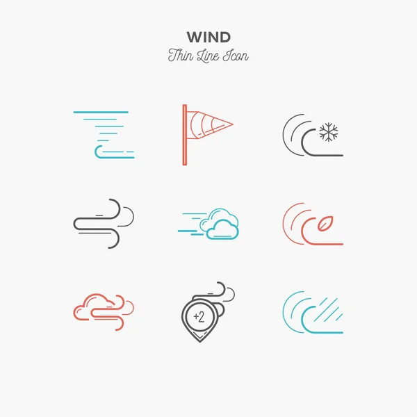 Wind, Hurrikan, Tornado und mehr, dünne Linie Farbsymbole gesetzt, ve — Stockvektor