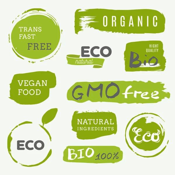 Icônes d'aliments sains, étiquettes. Des étiquettes organiques. Éléments de produits naturels — Image vectorielle