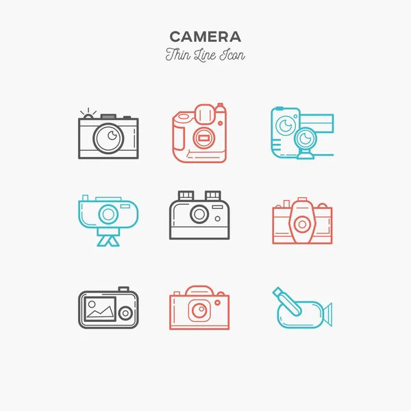 Cámara, cámara de vídeo y más, conjunto de iconos de color de línea delgada, vector — Archivo Imágenes Vectoriales