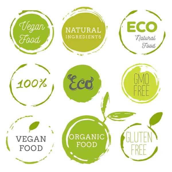 Hälsosam mat ikoner, etiketter. Ekologiska märken. Naturlig produkt eleme — Stock vektor