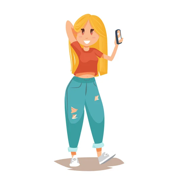 Hermosa chica rubia sosteniendo su teléfono móvil y tomando selfie — Archivo Imágenes Vectoriales