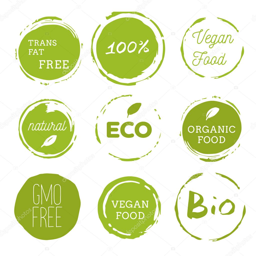 Healthy food icons, labels. Organic tags. Natural product elemen