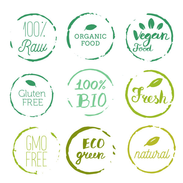 Иконки здоровой пищи, этикетки. Органические жетоны. Элементы натурального продукта
