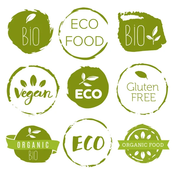 Iconos de comida saludable, etiquetas. Etiquetas orgánicas. Elementos naturales del producto — Archivo Imágenes Vectoriales