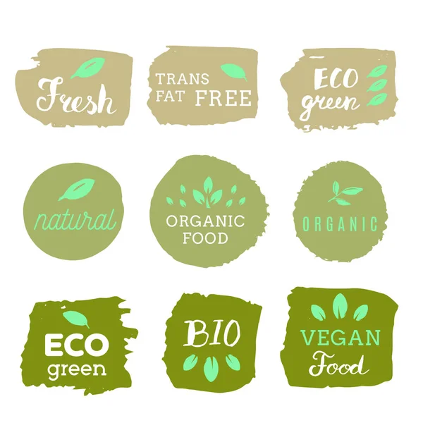Hälsosam mat ikoner, etiketter. Ekologiska märken. Naturlig produkt eleme — Stock vektor