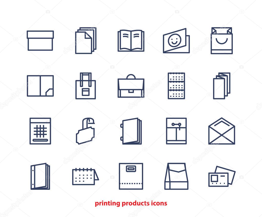 Line icons of Print design products, from pamphlet and booklet t