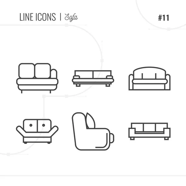 Liniensymbol für Sofa, Möbel, isoliertes Objekt. Zeilensymbole gesetzt. — Stockvektor