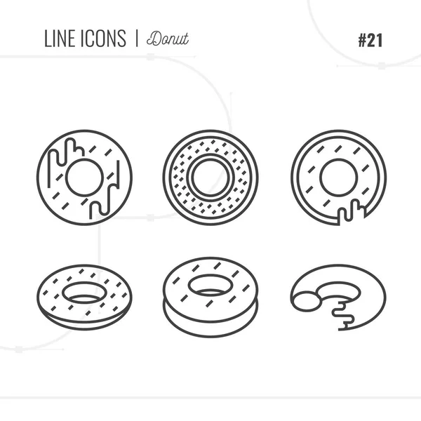 Liniensymbol für Donut, süßes, isoliertes Objekt. Zeilensymbole gesetzt. — Stockvektor