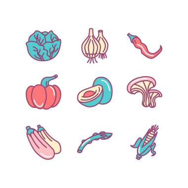 sebze, lahana, soğan, mantar ve daha fazla, ince çizgi rengi