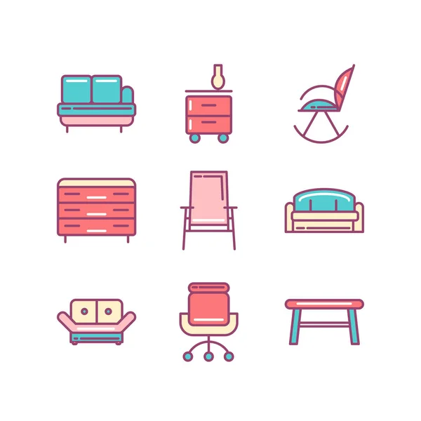 Kanapé, bútor, elkülönített objektum ikonján. Vonal ikonok beállítása. — Stock Vector