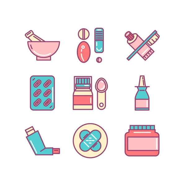 Gyógyszertár, orvosi, egészségügyi, tabletták, keverék, vékony vonal színe ikonok — Stock Vector