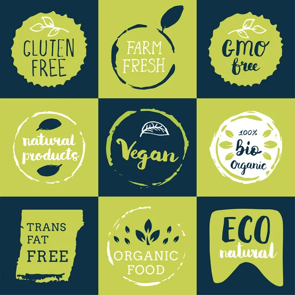 Iconos de comida saludable, etiquetas. Etiquetas orgánicas. Elementos naturales del producto — Vector de stock