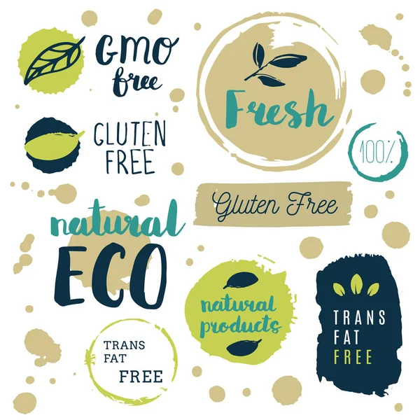 Iconos de comida saludable, etiquetas. Etiquetas orgánicas. Elementos naturales del producto — Archivo Imágenes Vectoriales