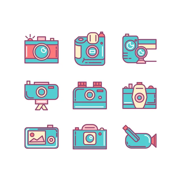 Fényképezőgép, videokamera, és több, vékony vonal színe ikonok beállítása, vektor Stock Illusztrációk
