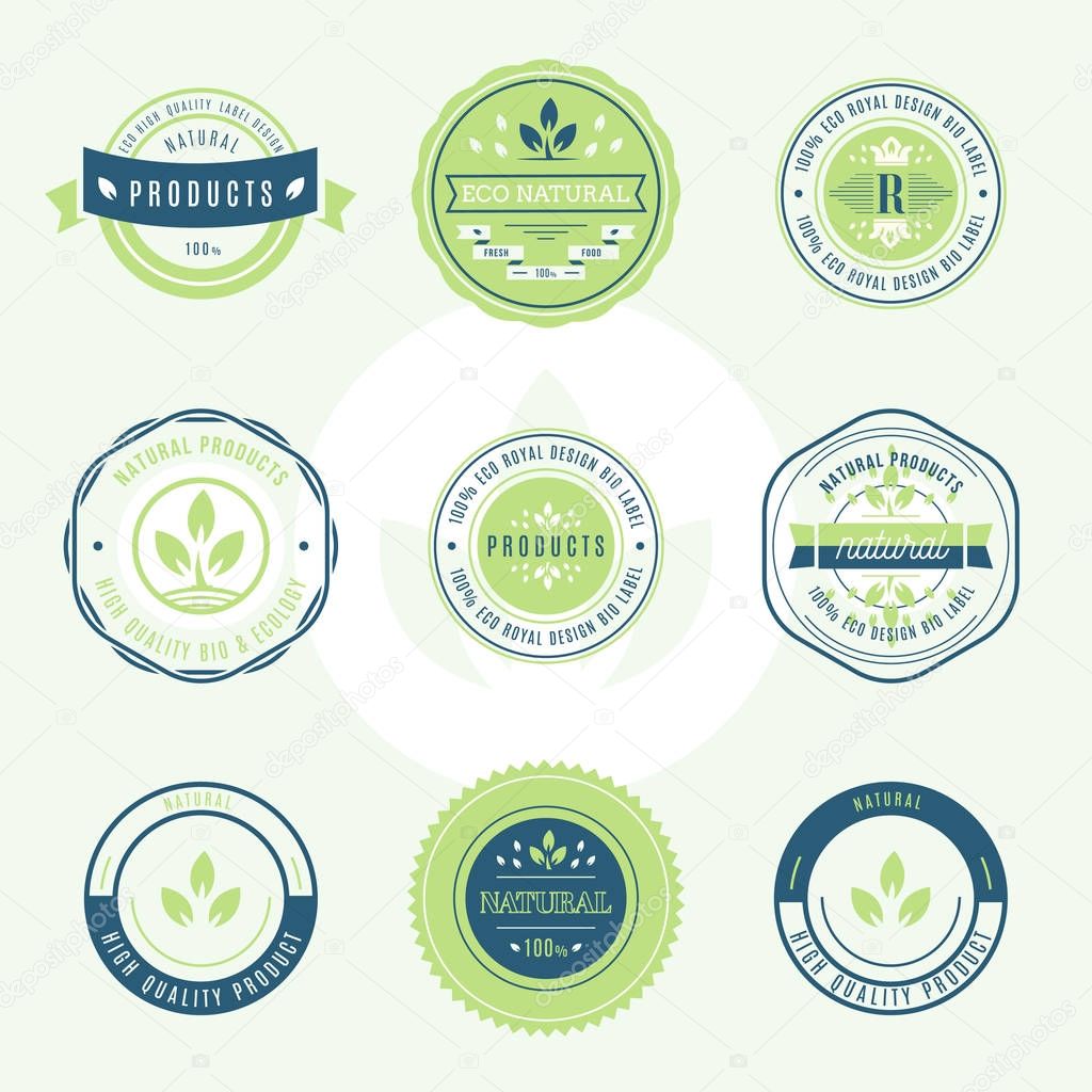 Set of labels and stickers for organic food and drink, and natural products. Vector illustration concepts for web design, packaging design, promotional material.