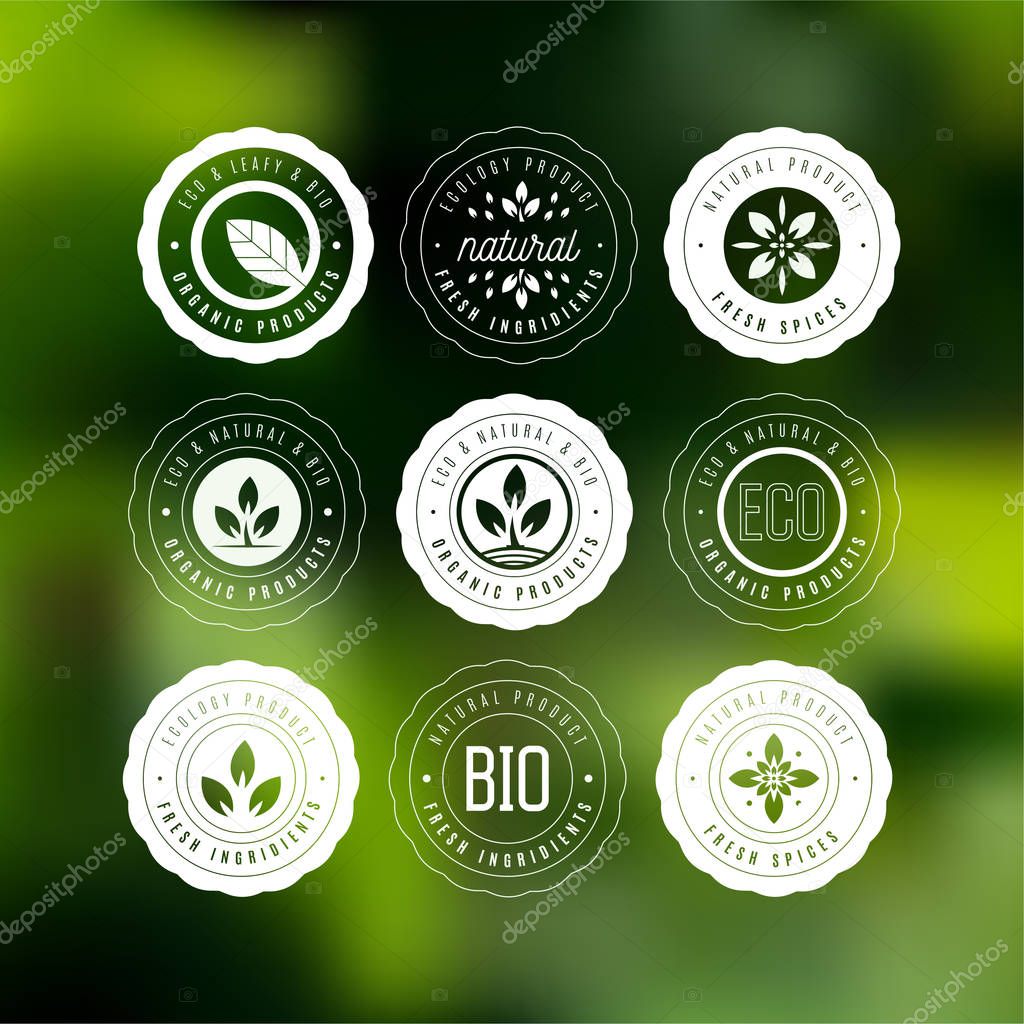 Collection of stickers and badges for natural products and eco f