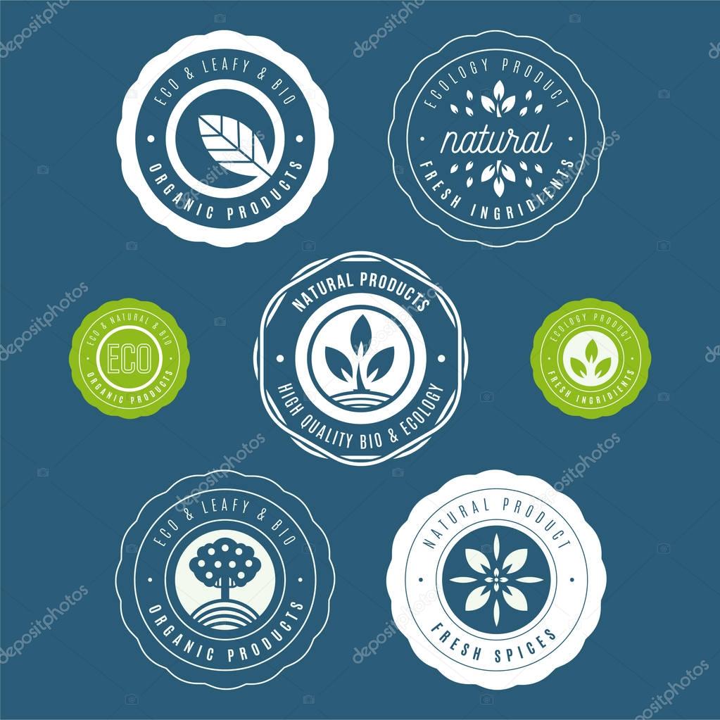 Set of labels and stickers for organic food and drink, and natural products. Vector illustration concepts for web design, packaging design, promotional material.
