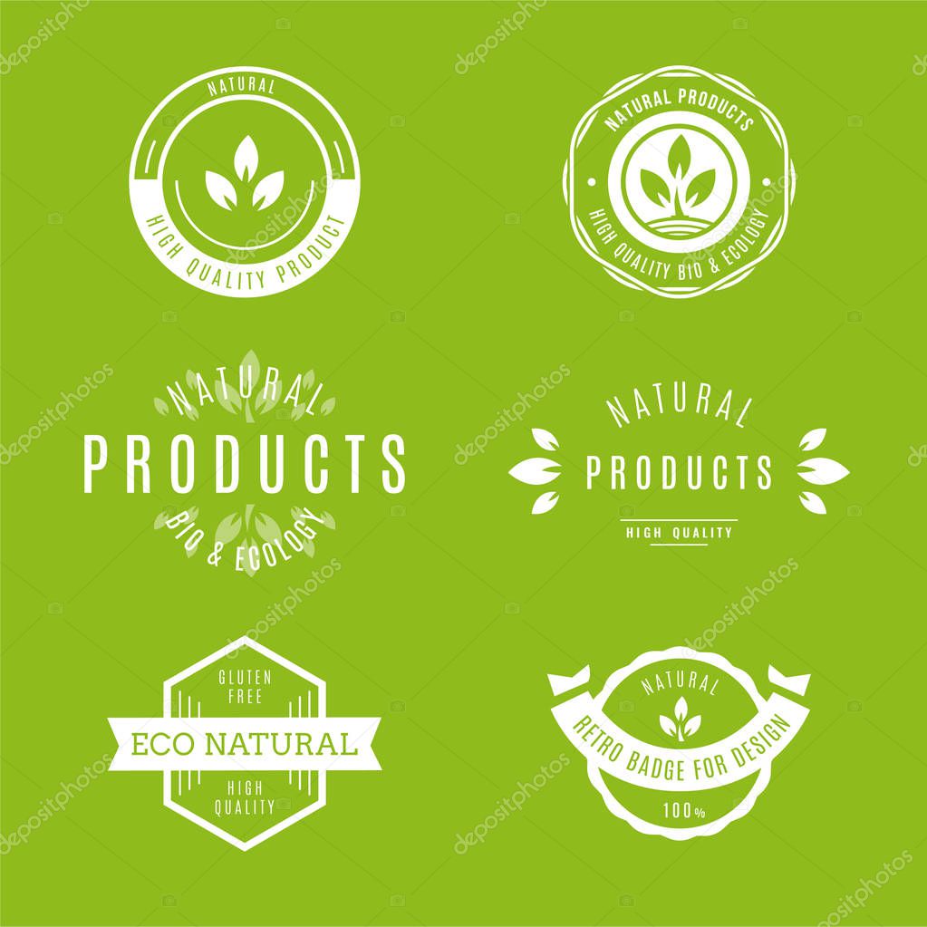 Set of labels and stickers for organic food and drink, and natural products. Vector illustration concepts for web design, packaging design, promotional material.