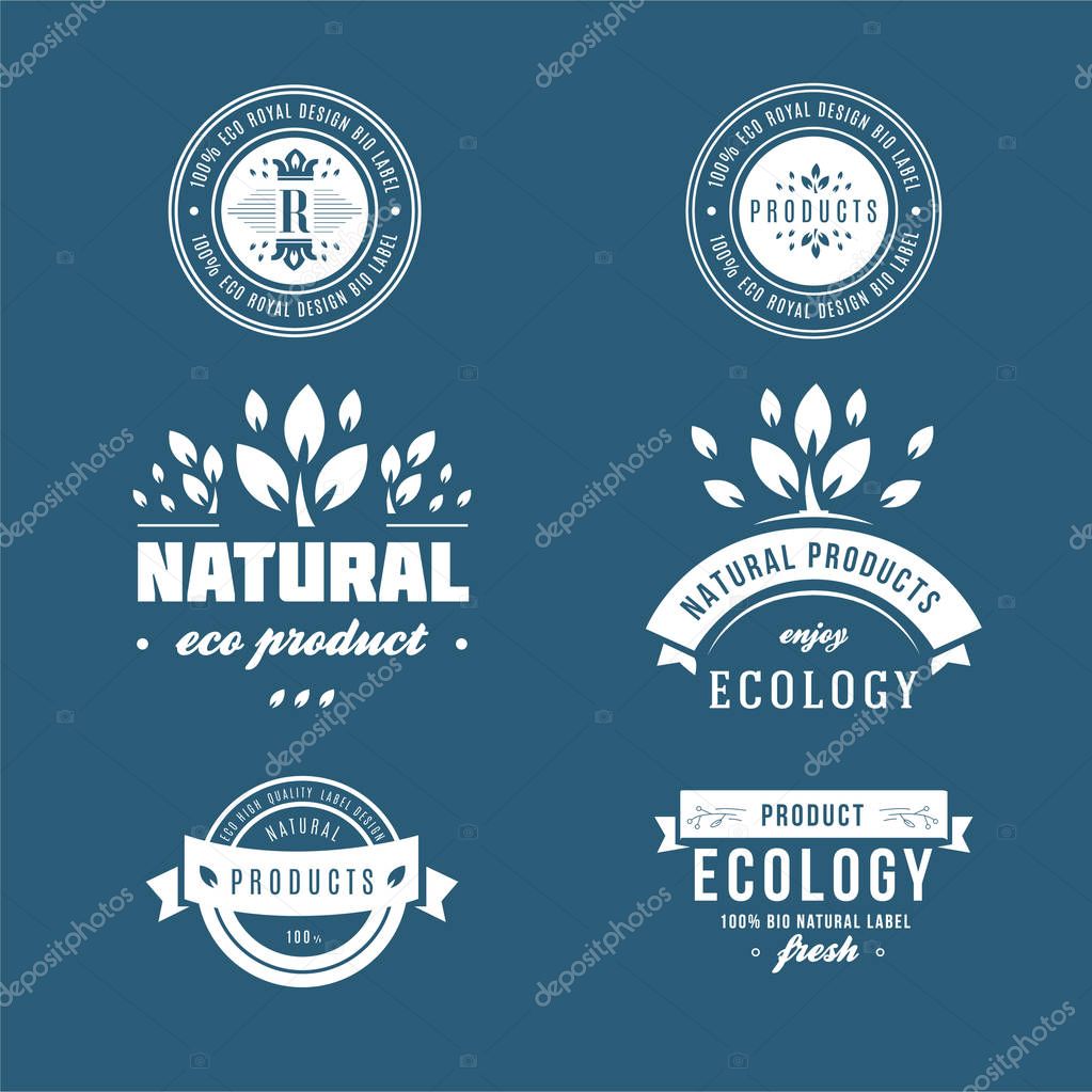 Set of labels and stickers for organic food and drink, and natural products. Vector illustration concepts for web design, packaging design, promotional material.
