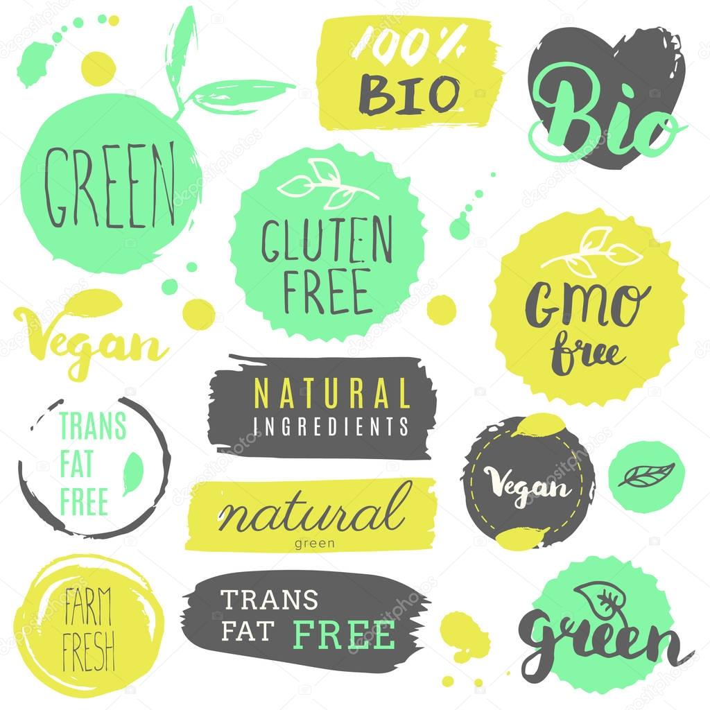 Healthy food icons, labels. Organic tags. Natural product elemen