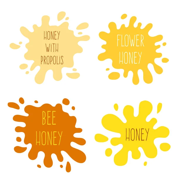 Honig spritzt Etiketten. Spritzer und Tropfen sammeln sich. Vecto — Stockvektor