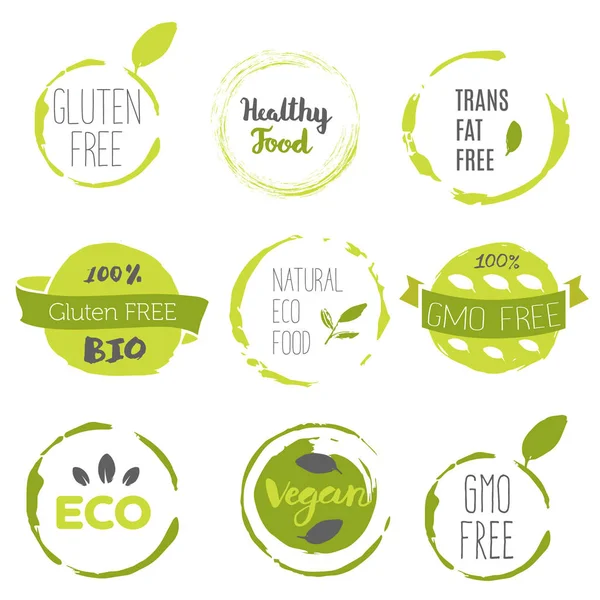 Healthy Food Icons Labels Organic Tags Natural Product Elements Logo — Stock Vector