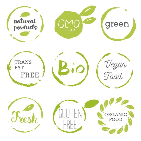 Healthy Food Icons Labels Organic Tags Natural Product Elements Logo — Stock Vector