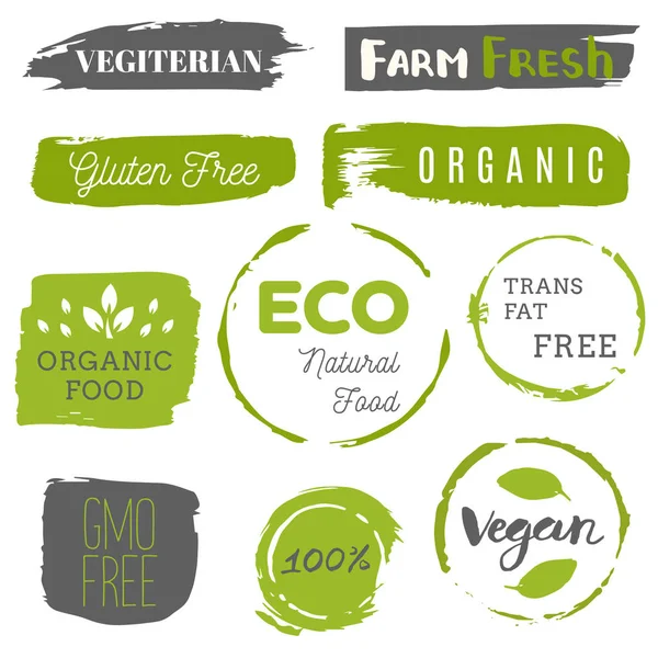 Sağlıklı gıda ikonları, etiketler. Organik etiketler. Doğal ürün elementleri. Vejetaryen restoran menüsü için logo. Raster illüstrasyonu. Az yağlı damga. Eko ürün.
