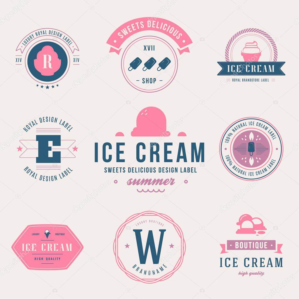 Set of ice cream shop labels, logotypes and design elements. Vintage collection of different ice cream elements. Cold desserts and ice cream objects. Vector elements for design. Ice cream silhouettes.