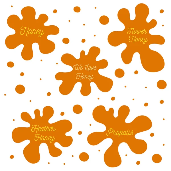 Honey Splash Set Labels Splashes Drops Collection Vector Illustration — Stock Vector