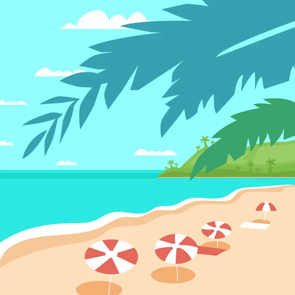 Tropical Playa Isla Palma Árbol Mar Vacaciones Verano Concepto Plano — Vector de stock