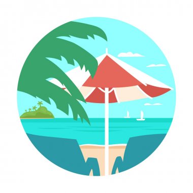 Tropical Beach Adası palmiye ağacı okyanus yaz tatili kavramı düz vektör çizim