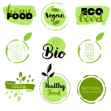 Sağlıklı gıda ikonları, etiketler. Organik etiketler. Doğal ürün elementleri. Vejetaryen restoran menüsü için logo. Raster illüstrasyonu. Az yağlı damga. Eko ürün.