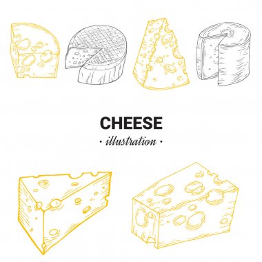 Peynir dilim organik süt tereyağı taze gıda vektör elle çizilmiş çizim, menü etiketinin, afiş poster kimlik, marka. Peynir çeşitleri mutfağı kroki kroki çizimi ile şık tasarım