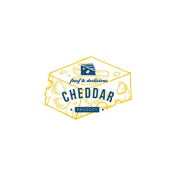 Queso Vector Dibujado Mano Productos Lácteos Logotipo Ilustración Detallada Estilo — Archivo Imágenes Vectoriales