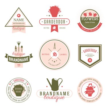 Çiçek Dükkanı etiketleri ve tasarım öğeleri kümesi. Farklı bahçıvanlar öğeleri Vintage koleksiyonu. Bahçıvanlar ve çiçekler nesneler. Tasarım için vektör öğeleri. Eko tasarım. Çiçek Dükkanı öğeleri.