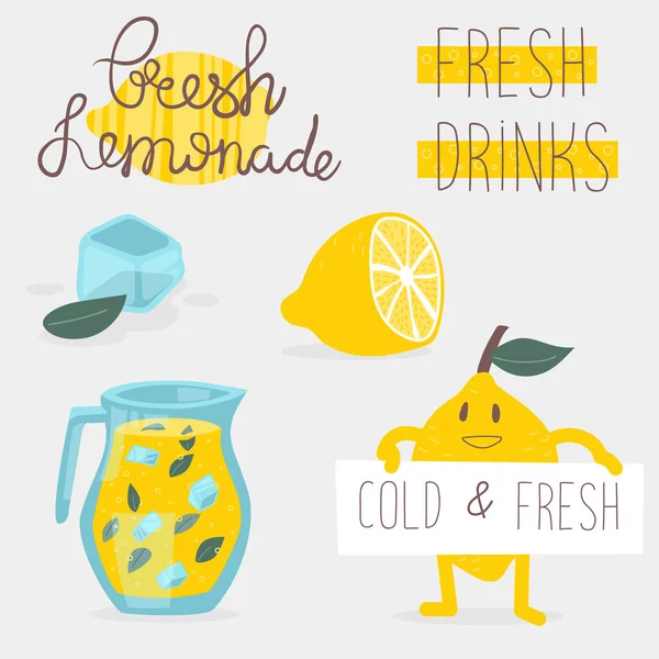 Lemonade Summer Lettering Set Cute Holiday Elements Lemonade Lemon Ice — Stock Vector