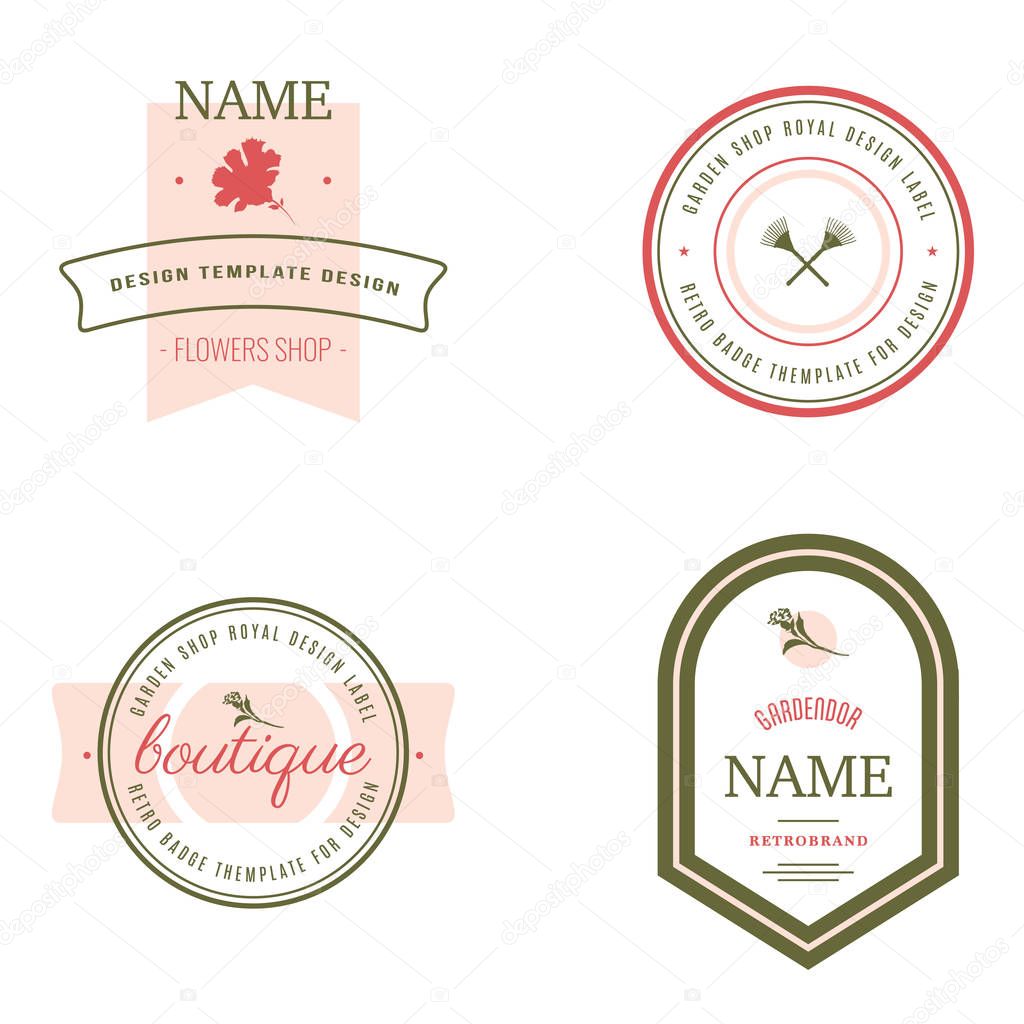 Set of flowers shop labels and design elements. Vintage collection of different gardeners elements. Gardeners and flowers objects. Vector elements for design. Eco design. Flower shop elements.