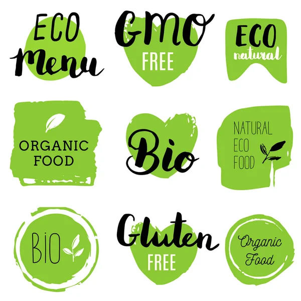 Vector Eco Organic Bio Logos Signs Vegan Raw Healthy Food — Stock Vector