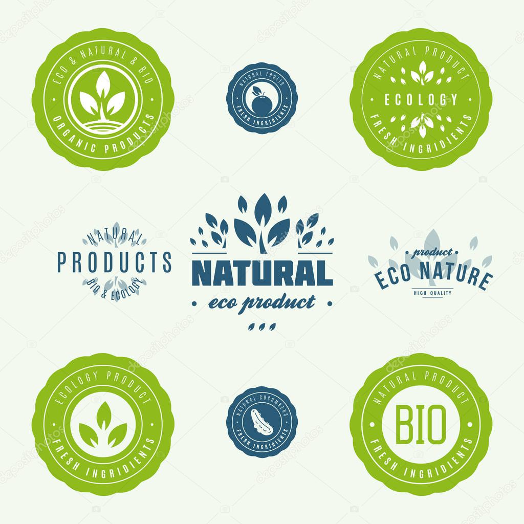 Collection of stickers and badges for natural products and eco food. Vector illustrations for ecology ingredients, healthy food and products package.