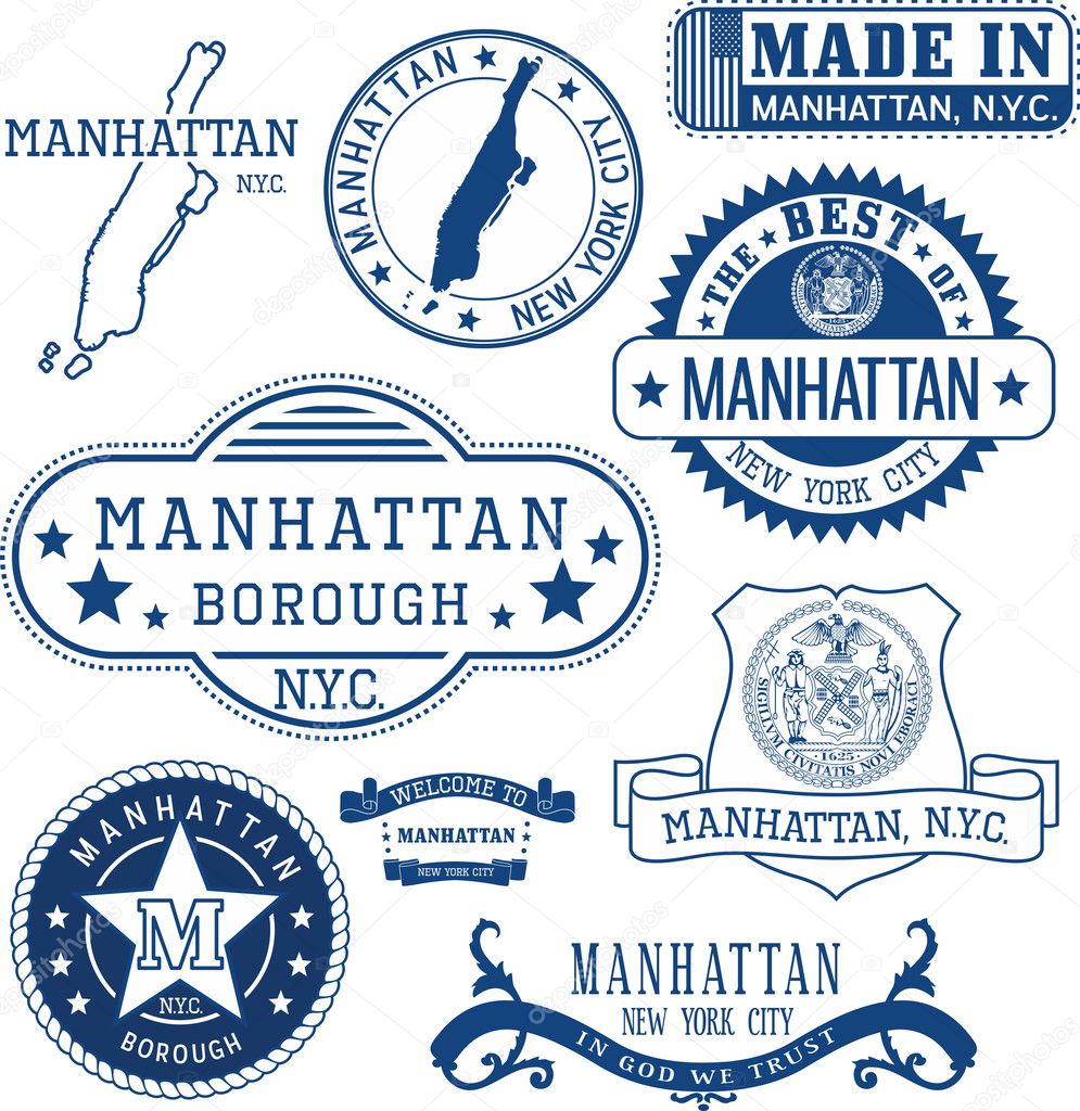 Set of generic stamps and signs of Manhattan borough, New York City
