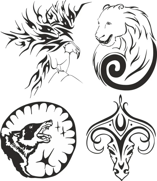 Tattoo set with eagle, bear, wolf and ram — Stock Vector
