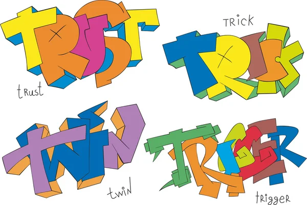 Förtroende, trick, twin och trigger graffiti — Stock vektor